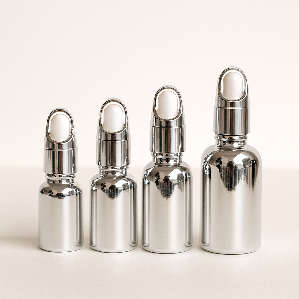 silver serum bottles | 10ml, 15ml, 20ml, 30ml | luxury cosmetic packaging
