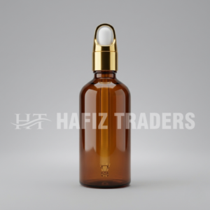 Empty amber serum bottle with golden cap