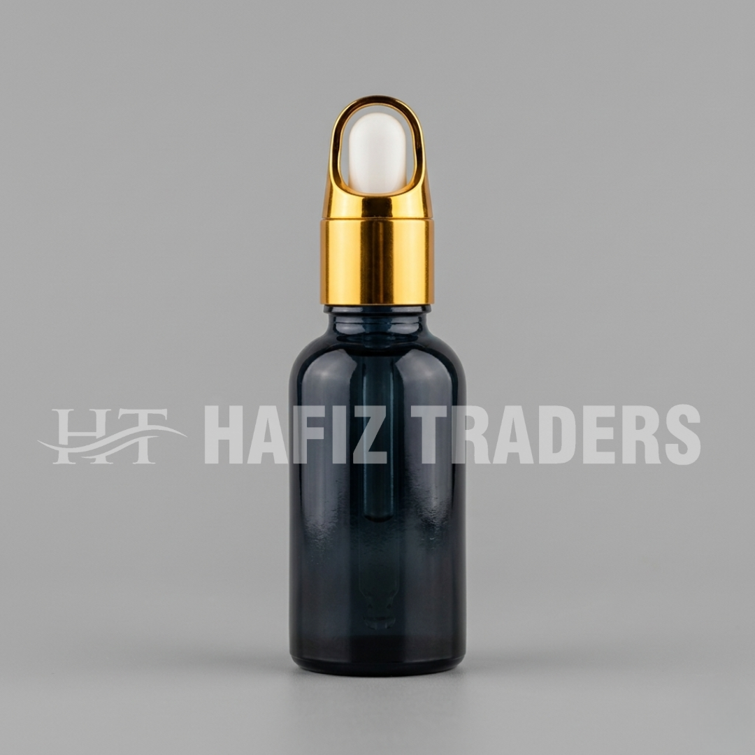 Empty black shine serum bottle with golden golden cap