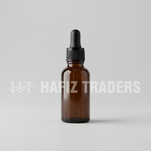 Empty amber serum bottle with black cap