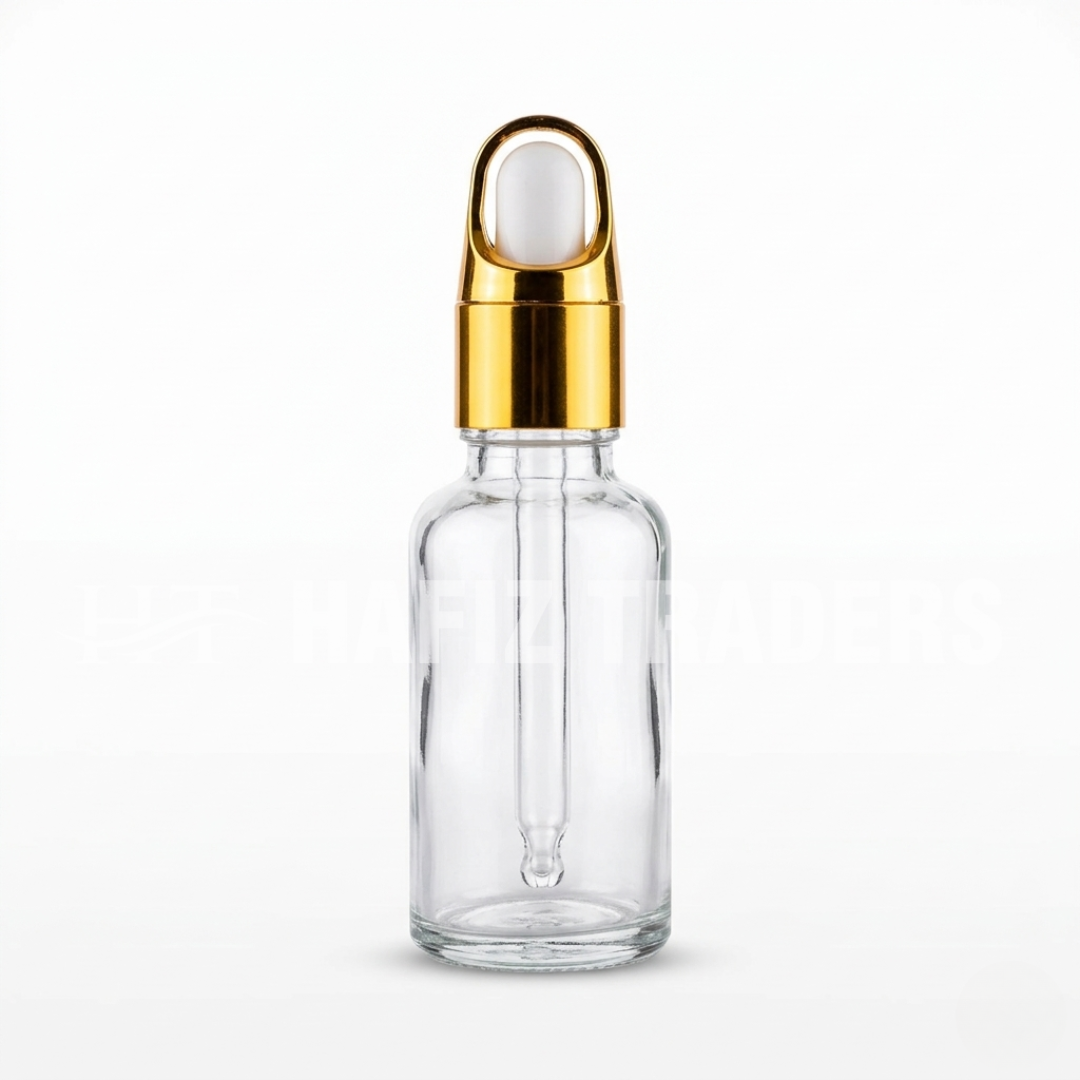 Empty Clear glass serum bottle with golden prince cap