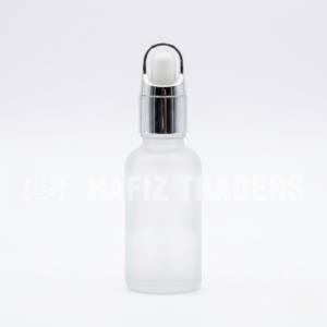 Empty frosted serum bottle with silver cap