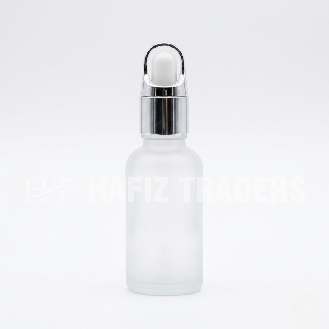 Empty frosted serum bottle with silver cap