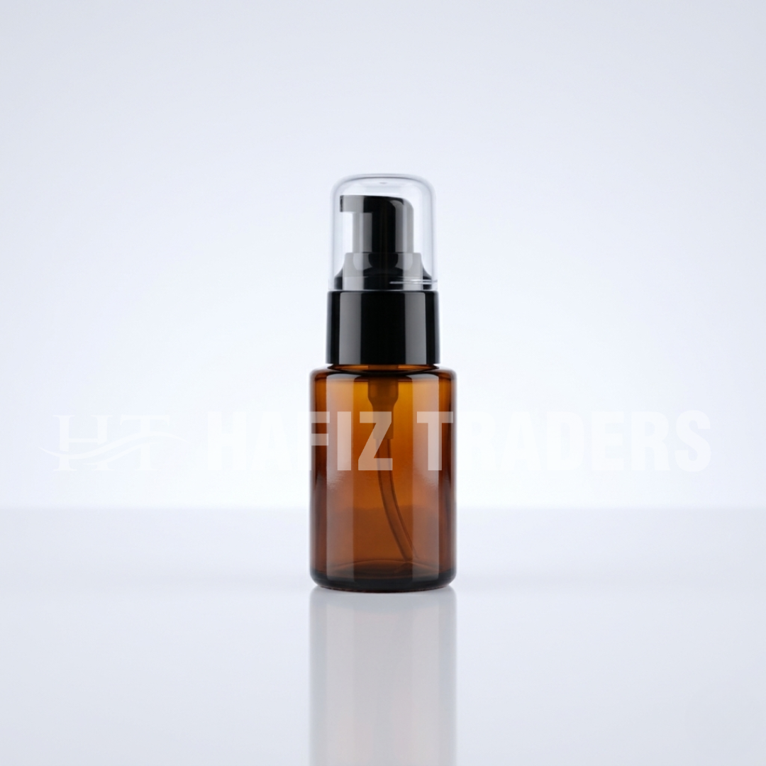 Empty amber serum bottle with spary pump