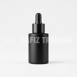 Empty black matt serum bottle with black cap