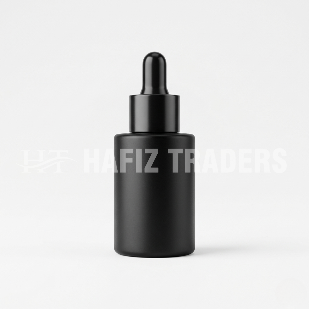 Empty black matt serum bottle with black cap