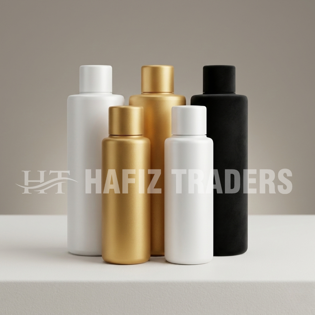 empty cosmetic bottles (100 Qty) - Matte White, Gold, Black finishes. Perfect for lotion, shampoo, and branding.