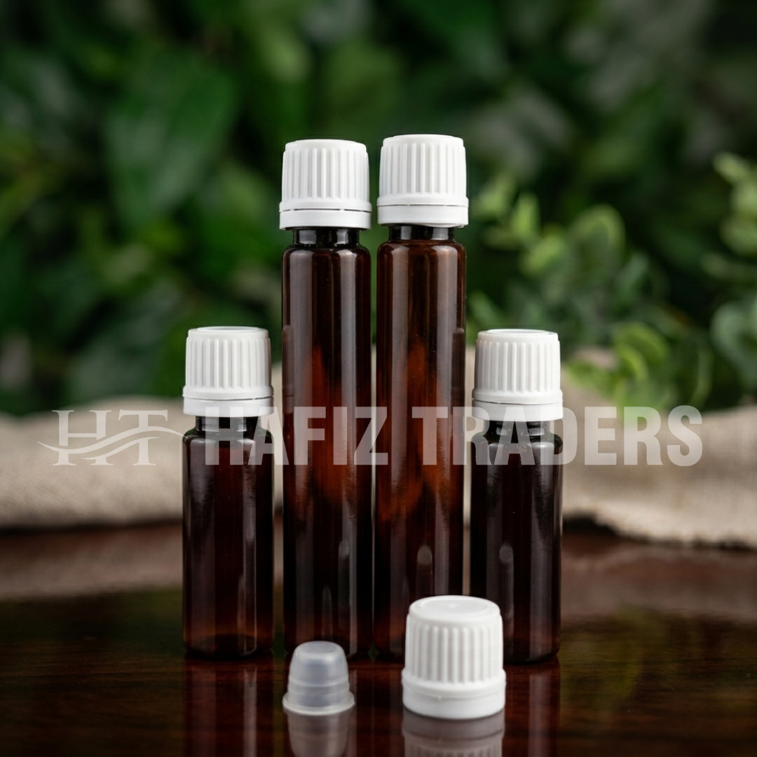 Amber Glass Bottles with White Screw Caps and Droppers