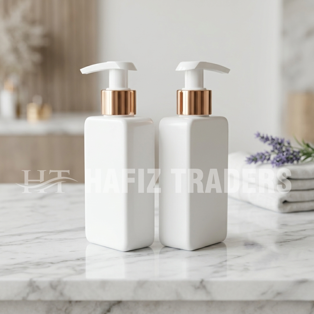 Empty Milky White Plastic Bottle With Golden Cap